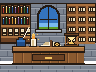Pixel-art interior of an archive: shelves of ledgers and scrolls, an open register, an hourglass