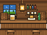 Pixel-art interior of a tavern: bar counter, barrels, hanging lantern